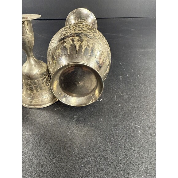 Vintage Z.Y. India Bell Candle Stick Holders (2) And Brass Bud Vase - Picture 11 of 11